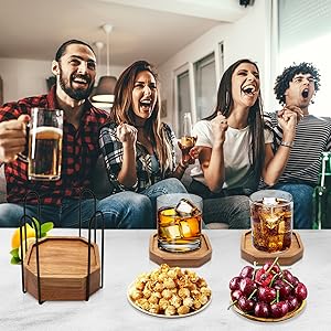 Cute Rustic Farmhouse Wooden Cup Coaster Set of 6 Cool Bar Drink Coasters with Holder Acacia Wood Coasters for Coffee Table Desk Decorative Outdoor Modern Coaster Home Decor Beverage Accessories Gift