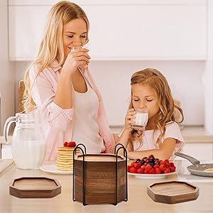 Cute Rustic Farmhouse Wooden Cup Coaster Set of 6 Cool Bar Drink Coasters with Holder Acacia Wood Coasters for Coffee Table Desk Decorative Outdoor Modern Coaster Home Decor Beverage Accessories Gift