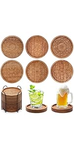 Cute Rustic Farmhouse Wooden Cup Coaster Set of 6 Cool Bar Drink Coasters with Holder Acacia Wood Coasters for Coffee Table Desk Decorative Outdoor Modern Coaster Home Decor Beverage Accessories Gift