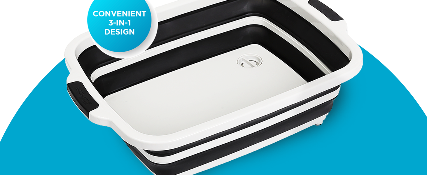 BIRDROCK HOME Collapsible Large BBQ Prep Tub w/Cutting Board, Multi-Function Grill Caddy w/Colander & Lid, Portable Silicone Dish Bowl for Picnic, Tailgate, Camping - Black