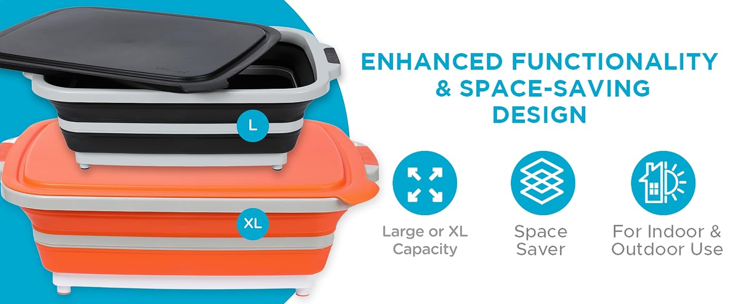 BIRDROCK HOME Collapsible Large BBQ Prep Tub w/Cutting Board, Multi-Function Grill Caddy w/Colander & Lid, Portable Silicone Dish Bowl for Picnic, Tailgate, Camping - Black