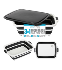 BIRDROCK HOME Collapsible Large BBQ Prep Tub w/Cutting Board, Multi-Function Grill Caddy w/Colander & Lid, Portable Silicone Dish Bowl for Picnic, Tailgate, Camping - Black