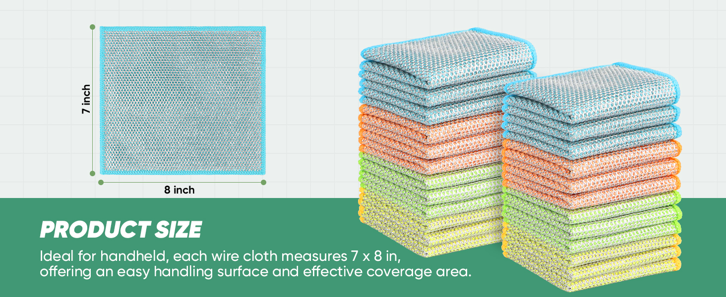 Orighty Multipurpose Wire Dishwashing Rag 12 Pcs, Upgraded Double-Layer Non-Scratch Wire Dish Cleaning Cloths, Kitchen Reusable Steel Scrubber, Powerful Dishcloth Rag for Cookware, Multicolor, 7