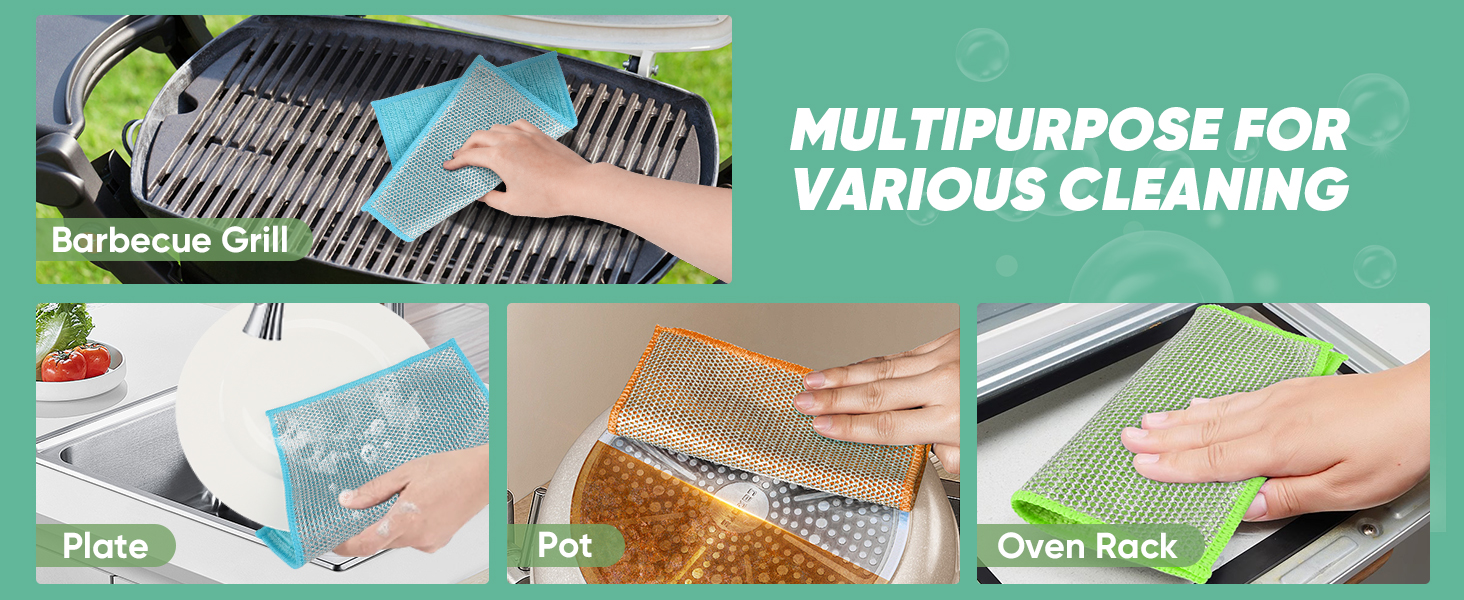 Orighty Multipurpose Wire Dishwashing Rag 12 Pcs, Upgraded Double-Layer Non-Scratch Wire Dish Cleaning Cloths, Kitchen Reusable Steel Scrubber, Powerful Dishcloth Rag for Cookware, Multicolor, 7