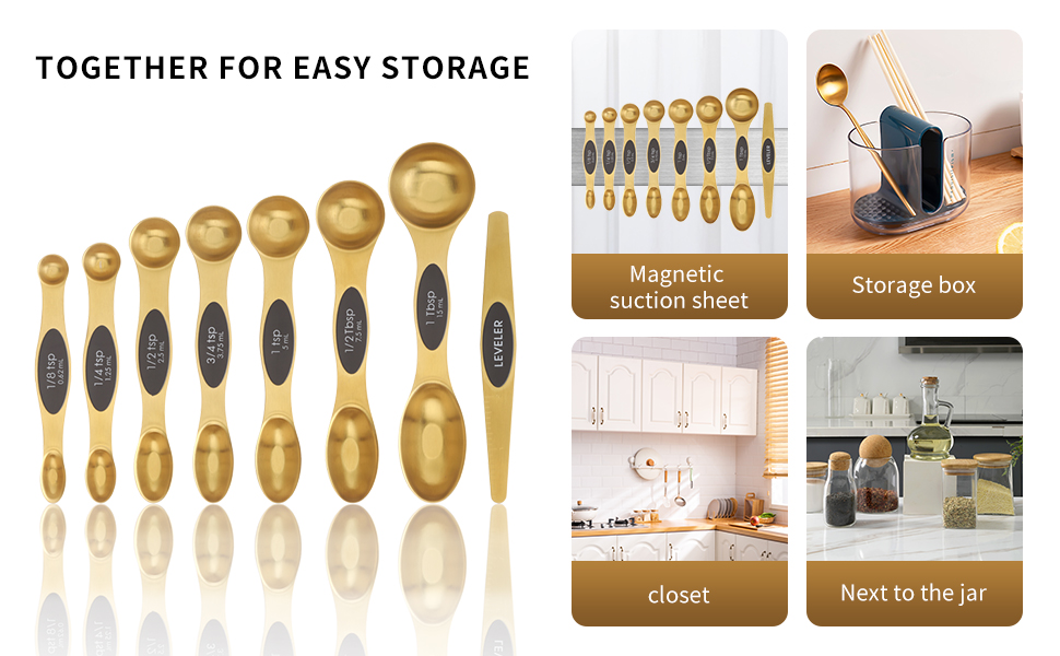 Magnetic Measuring Spoons Set, Stainless Steel, Dual Sided, Stackable, Dual Sided for Measuring Dry and Liquid Ingredients, Fits in Spice Jars, Set of 8（Gold ）