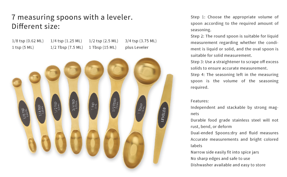 Magnetic Measuring Spoons Set, Stainless Steel, Dual Sided, Stackable, Dual Sided for Measuring Dry and Liquid Ingredients, Fits in Spice Jars, Set of 8（Gold ）