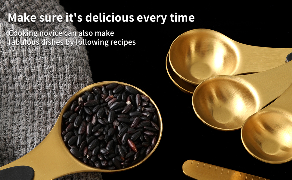 Magnetic Measuring Spoons Set, Stainless Steel, Dual Sided, Stackable, Dual Sided for Measuring Dry and Liquid Ingredients, Fits in Spice Jars, Set of 8（Gold ）