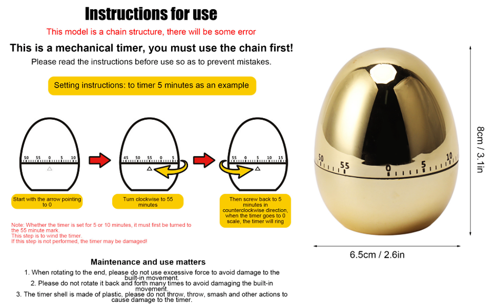 Egg Timer Rotate,60 Minutes Egg Model Mechanical Timer Cooking Alarm Clock Manual Timer for Kitchen Gold Home Gardening Kitchen Tools(Gold)