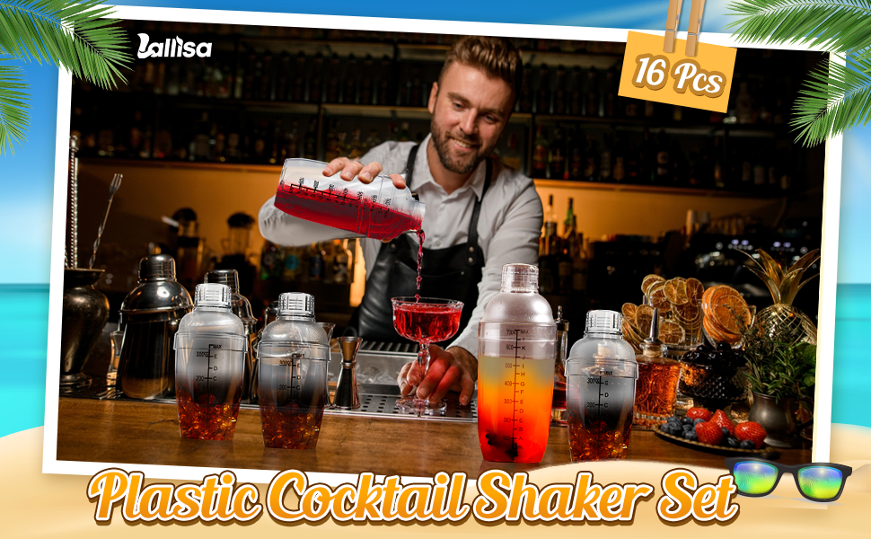 Lallisa 16 Pcs Plastic Cocktail Shaker Set Drink Mixer Clear Shaker Cup with Measurements Scales and Strainer Plastic Mixing Tool for Tea Coffee Bar Bubble Milk Christmas Gift(350 Cc/ 12 oz)