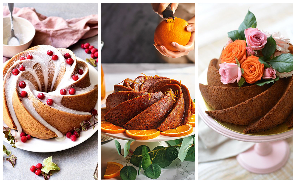 HUAKENER Large Fluted Cake Pan (2 Pack) - Nonstick Fluted Tube Pan, Large Round Silicone Mold for Cake, Brownie, Cornbread, Jello Cake