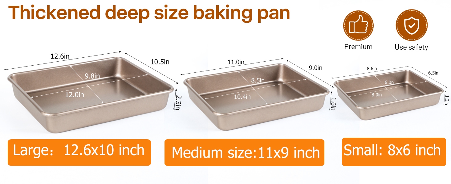 Deep Baking Pans Set, 3-Pieces Rectangle Cake Pan, Nonstick Roasting Pans Set for Thanksgiving Christmas, 9/11/13 Inch, Toaster Oven Tray Bakeware Set, Lasagna Pan Deep Size, Heavy Duty, Gold