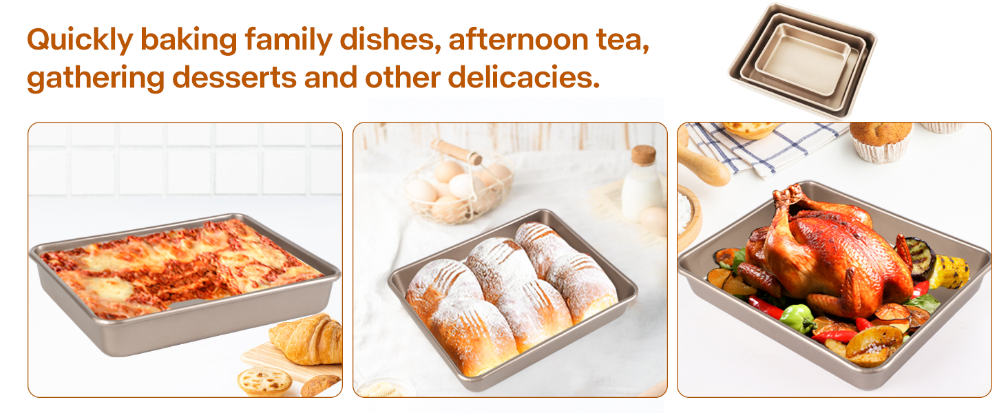 Deep Baking Pans Set, 3-Pieces Rectangle Cake Pan, Nonstick Roasting Pans Set for Thanksgiving Christmas, 9/11/13 Inch, Toaster Oven Tray Bakeware Set, Lasagna Pan Deep Size, Heavy Duty, Gold
