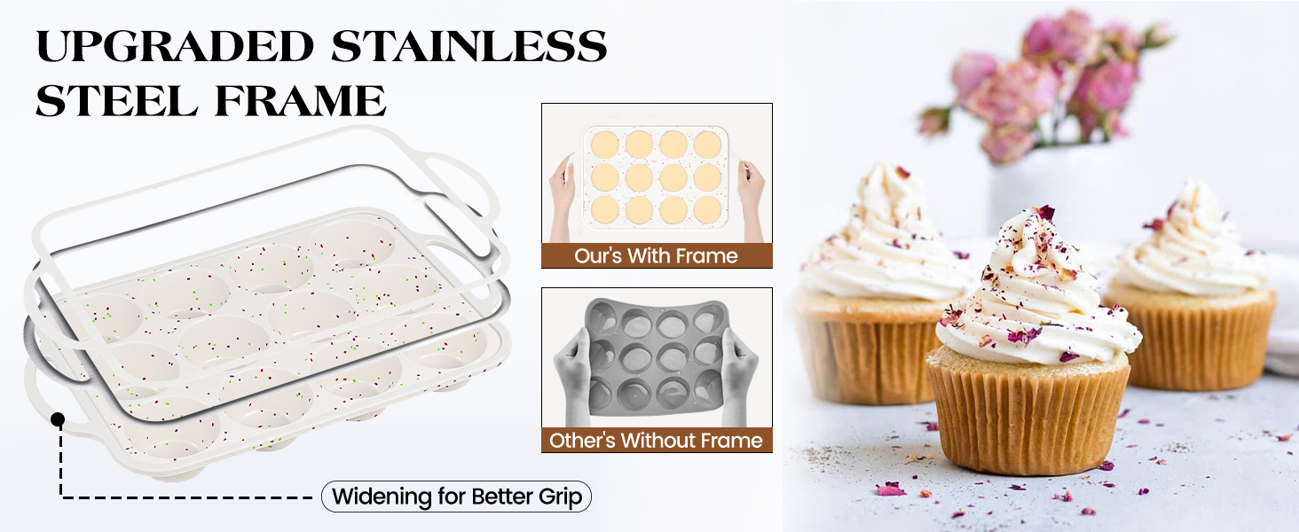 Regular 12 Cup and Mini 24 Cup Nonstick Cupcake Pan Set Silicone Muffin Pan for Baking Silicone Cupcake Mold with Metal Reinforced Frame BPA Free (2 Pcs, Cream)