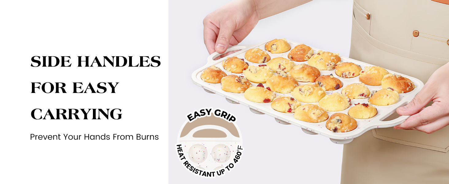 Regular 12 Cup and Mini 24 Cup Nonstick Cupcake Pan Set Silicone Muffin Pan for Baking Silicone Cupcake Mold with Metal Reinforced Frame BPA Free (2 Pcs, Cream)