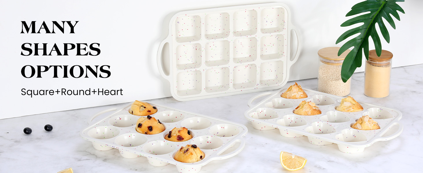 Regular 12 Cup and Mini 24 Cup Nonstick Cupcake Pan Set Silicone Muffin Pan for Baking Silicone Cupcake Mold with Metal Reinforced Frame BPA Free (2 Pcs, Cream)