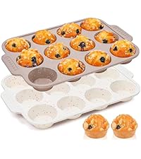 Regular 12 Cup and Mini 24 Cup Nonstick Cupcake Pan Set Silicone Muffin Pan for Baking Silicone Cupcake Mold with Metal Reinforced Frame BPA Free (2 Pcs, Cream)