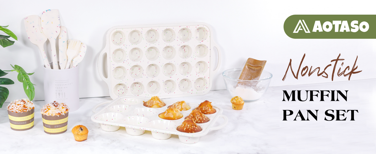 Regular 12 Cup and Mini 24 Cup Nonstick Cupcake Pan Set Silicone Muffin Pan for Baking Silicone Cupcake Mold with Metal Reinforced Frame BPA Free (2 Pcs, Cream)