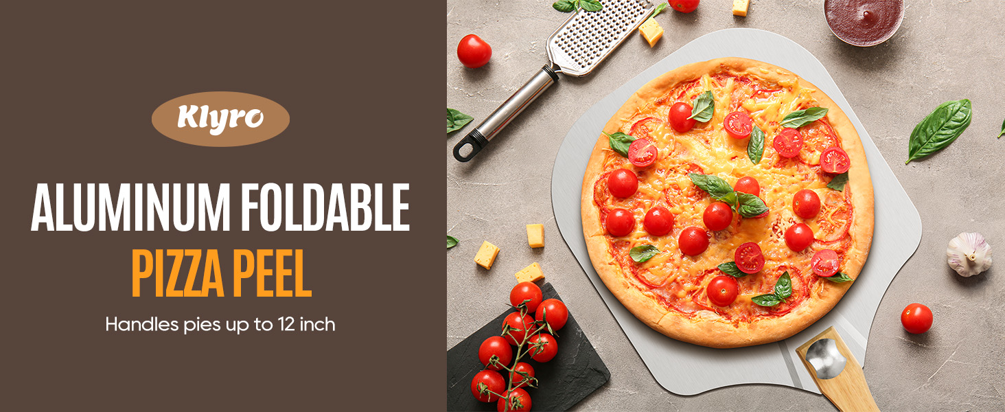 Pizza Peel Aluminum Pizza Spatula Set, 12 x 14 Inch Metal Pizza Paddle with Foldable Wooden Handle, Pizza Rocker Cutter, Pizza Server, Pizza Oven Accessories for Baking Homemade Pizza Bread