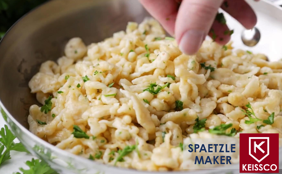 Stainless Steel Spaetzle Maker Lid with Scraper Traditional German Egg Noodle Maker Pan Pot Spaghetti Strainer