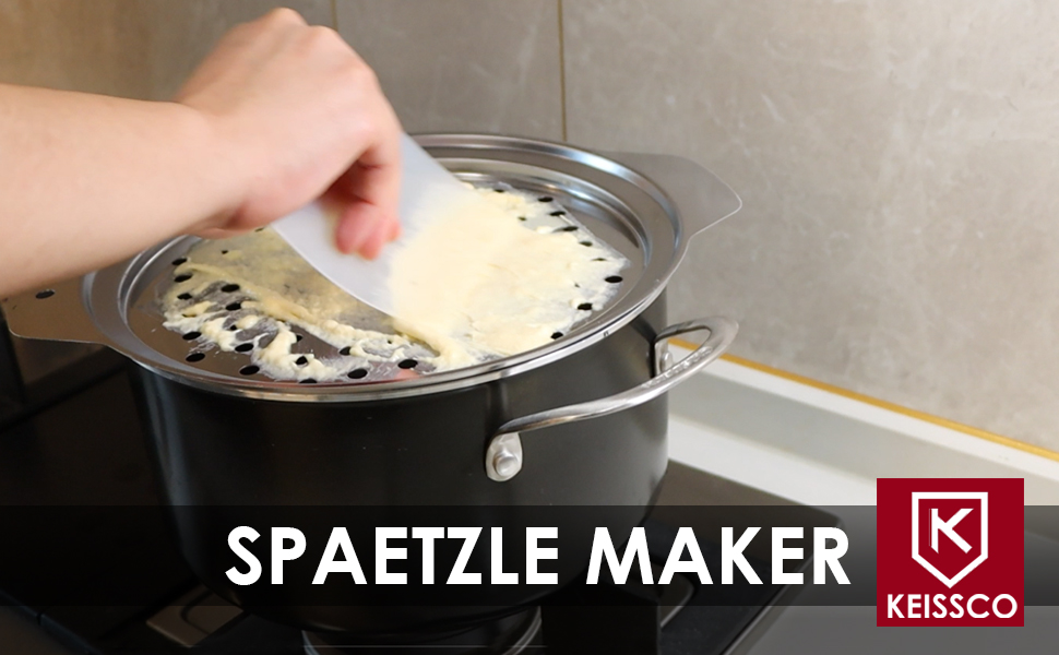 Stainless Steel Spaetzle Maker Lid with Scraper Traditional German Egg Noodle Maker Pan Pot Spaghetti Strainer