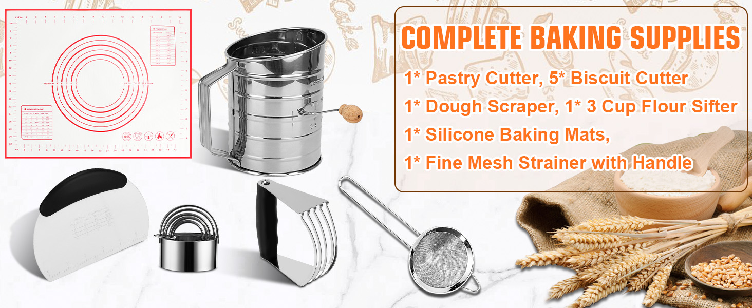 Biscuit Cutter Set,10PCS Stainless Steel Pastry Blender Set with Pastry Cutter,5PCS Biscuit Cutter,Dough Cutter,3 Cup Flour Sifter,Baking Mat and Fine Mesh Strainer for Cooking Cookies and Donuts