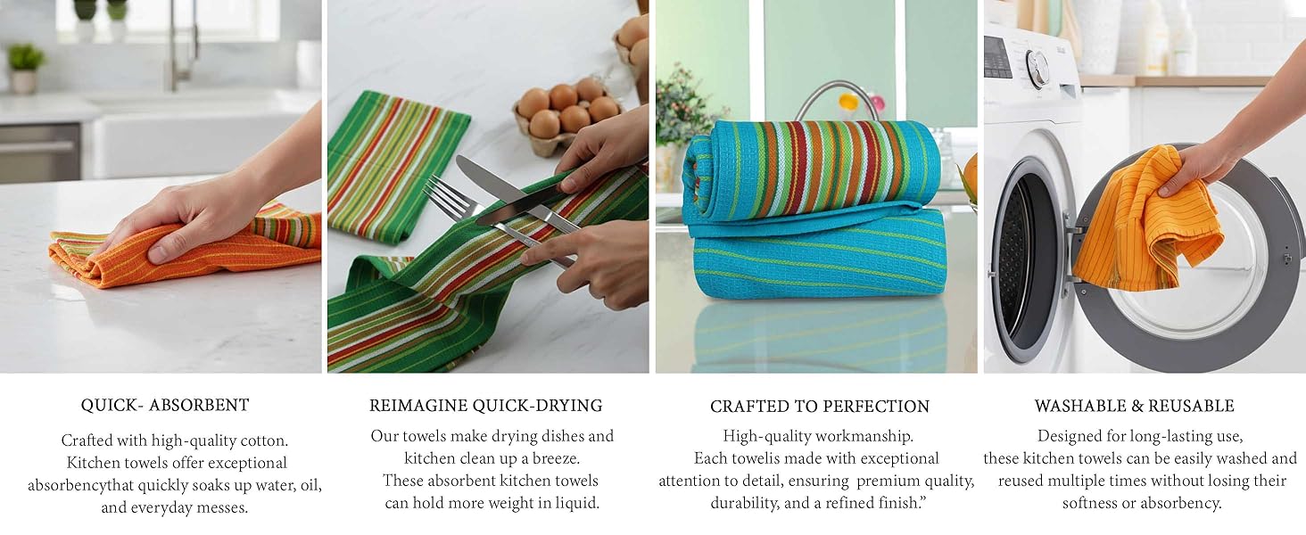 Urban Villa Kitchen Towels 100% Cotton Dish Towels for Kitchen(Set of 4)20”x30” Dish Cloths Highly Absorbent Kitchen Linen Set with Hanging Loop Perfect for Drying Dishes Cleaning Towels -Multi Color