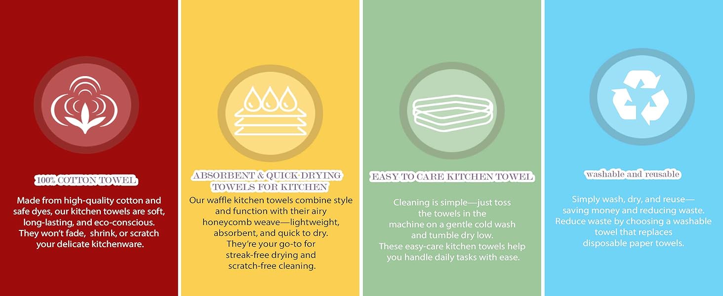 Urban Villa Kitchen Towels 100% Cotton Dish Towels for Kitchen(Set of 4)20”x30” Dish Cloths Highly Absorbent Kitchen Linen Set with Hanging Loop Perfect for Drying Dishes Cleaning Towels -Multi Color