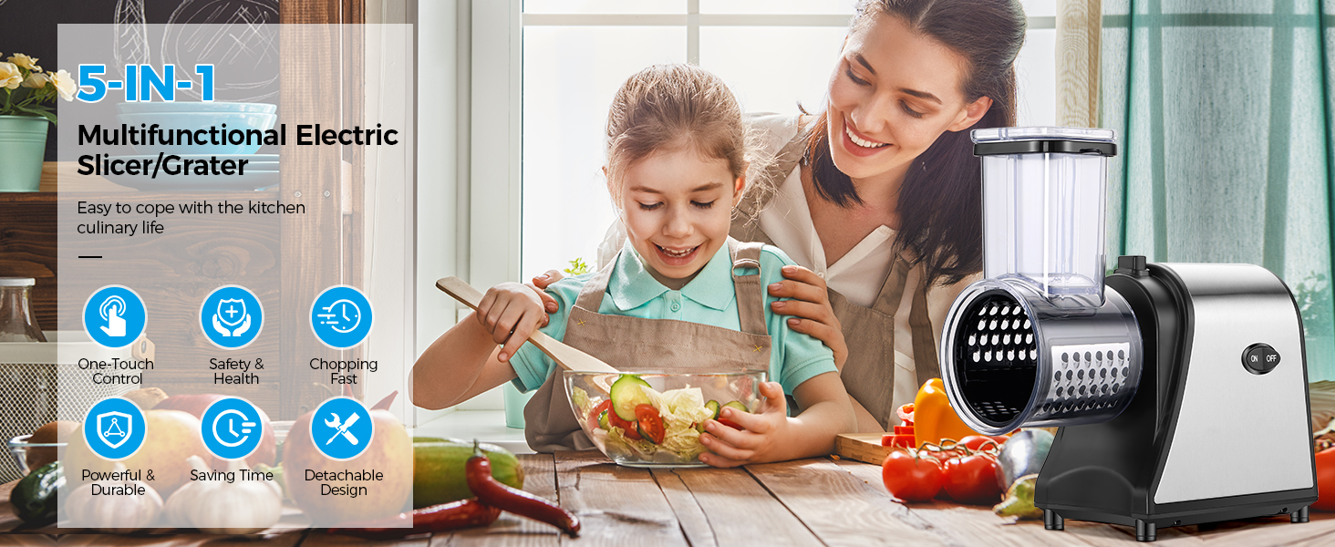 5-in-1 Electric Cheese Grater & Vegetable Slicer – 250W One-Touch Shredder with Stainless Steel Blades for Block Cheese, Vegetables, Fruits & Nuts