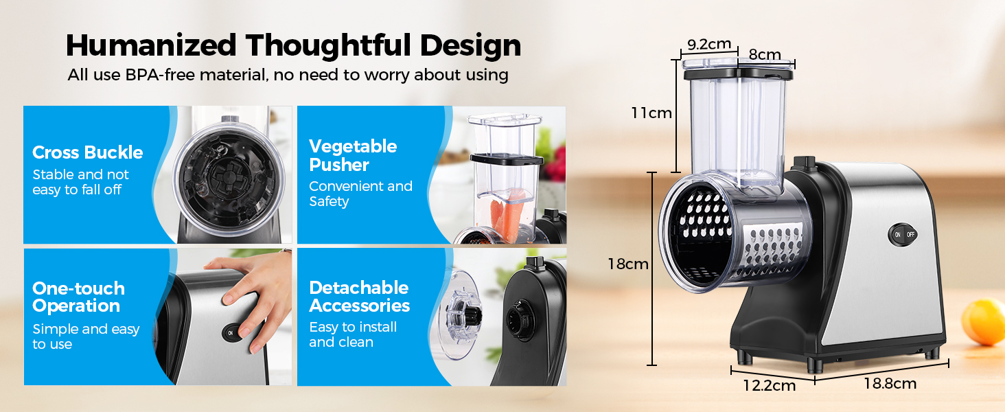 5-in-1 Electric Cheese Grater & Vegetable Slicer – 250W One-Touch Shredder with Stainless Steel Blades for Block Cheese, Vegetables, Fruits & Nuts