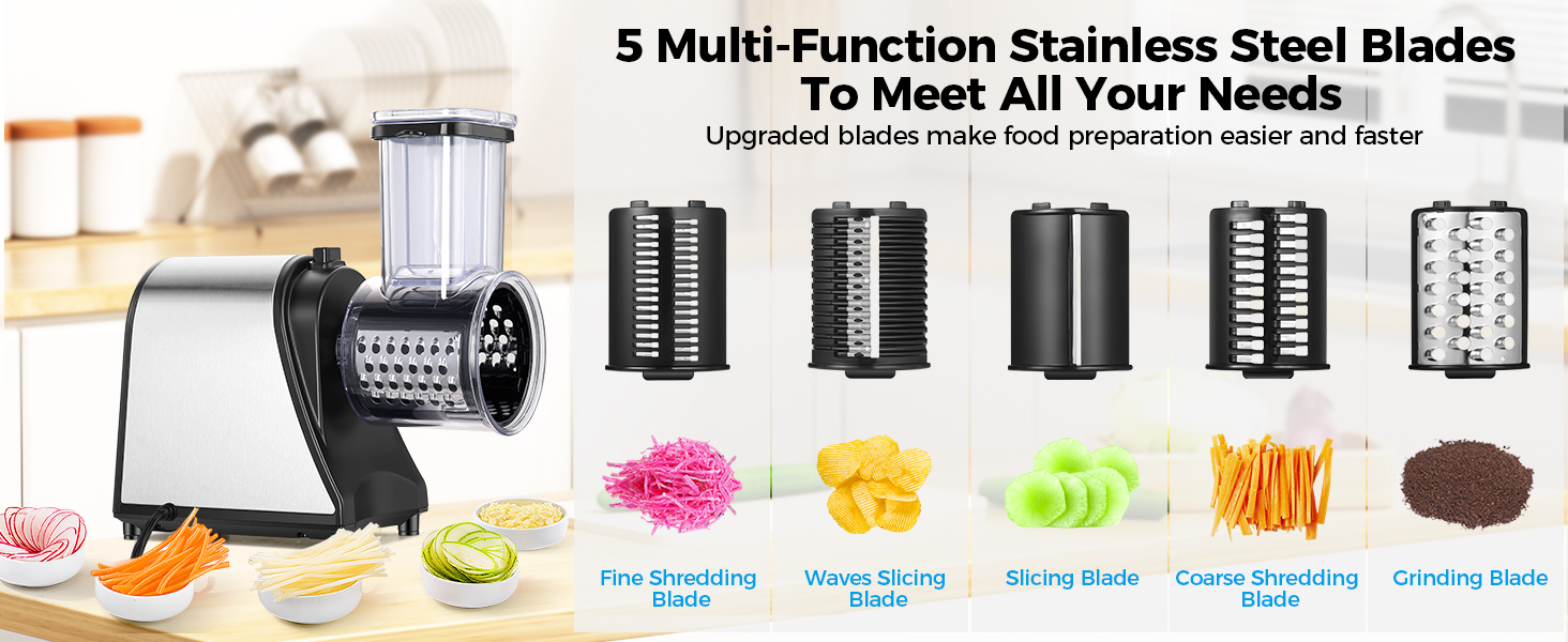 5-in-1 Electric Cheese Grater & Vegetable Slicer – 250W One-Touch Shredder with Stainless Steel Blades for Block Cheese, Vegetables, Fruits & Nuts