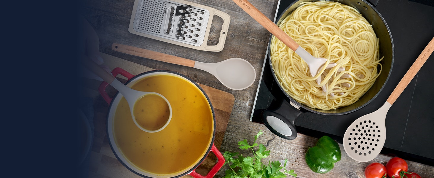 Home Hero Stainless Steel Kitchen Utensils Set - Wood Handle Nonstick Stainless Steel Cooking Utensils Set - Heat Resistant Kitchen Essentials & Metal Kitchen Gadgets (Silver & Wood)