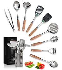 Home Hero Stainless Steel Kitchen Utensils Set - Wood Handle Nonstick Stainless Steel Cooking Utensils Set - Heat Resistant Kitchen Essentials & Metal Kitchen Gadgets (Silver & Wood)