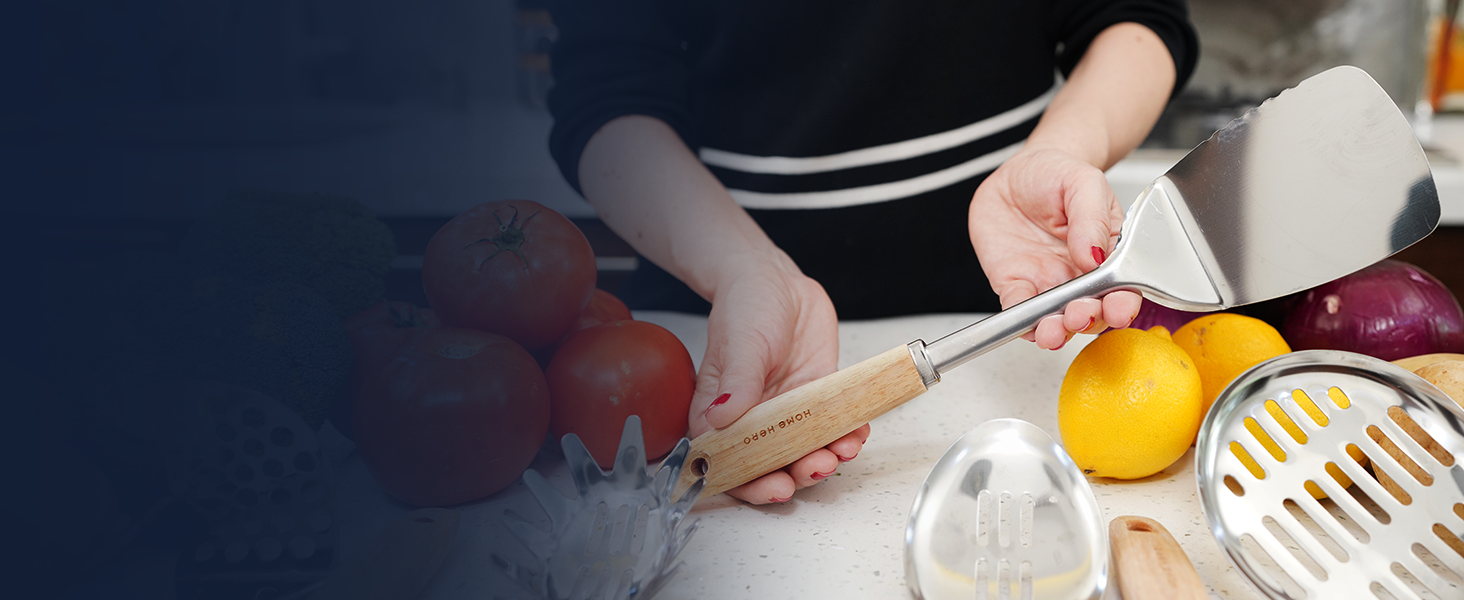 Home Hero Stainless Steel Kitchen Utensils Set - Wood Handle Nonstick Stainless Steel Cooking Utensils Set - Heat Resistant Kitchen Essentials & Metal Kitchen Gadgets (Silver & Wood)