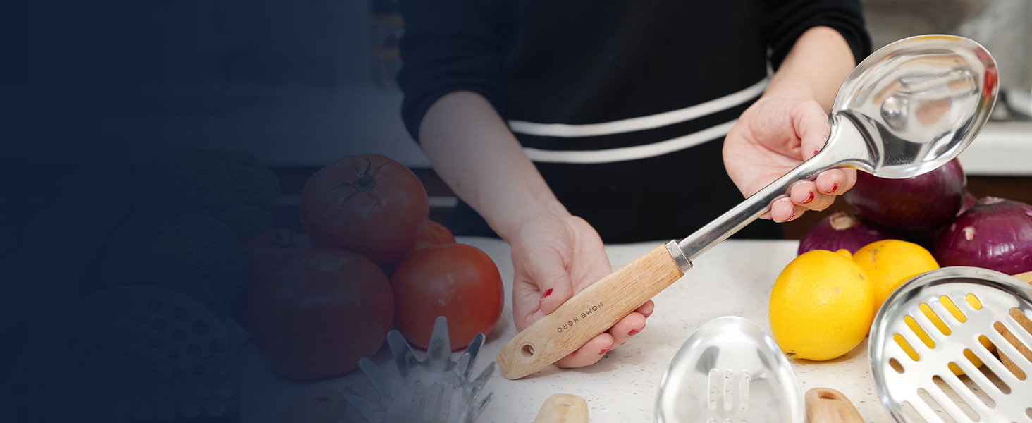 Home Hero Stainless Steel Kitchen Utensils Set - Wood Handle Nonstick Stainless Steel Cooking Utensils Set - Heat Resistant Kitchen Essentials & Metal Kitchen Gadgets (Silver & Wood)