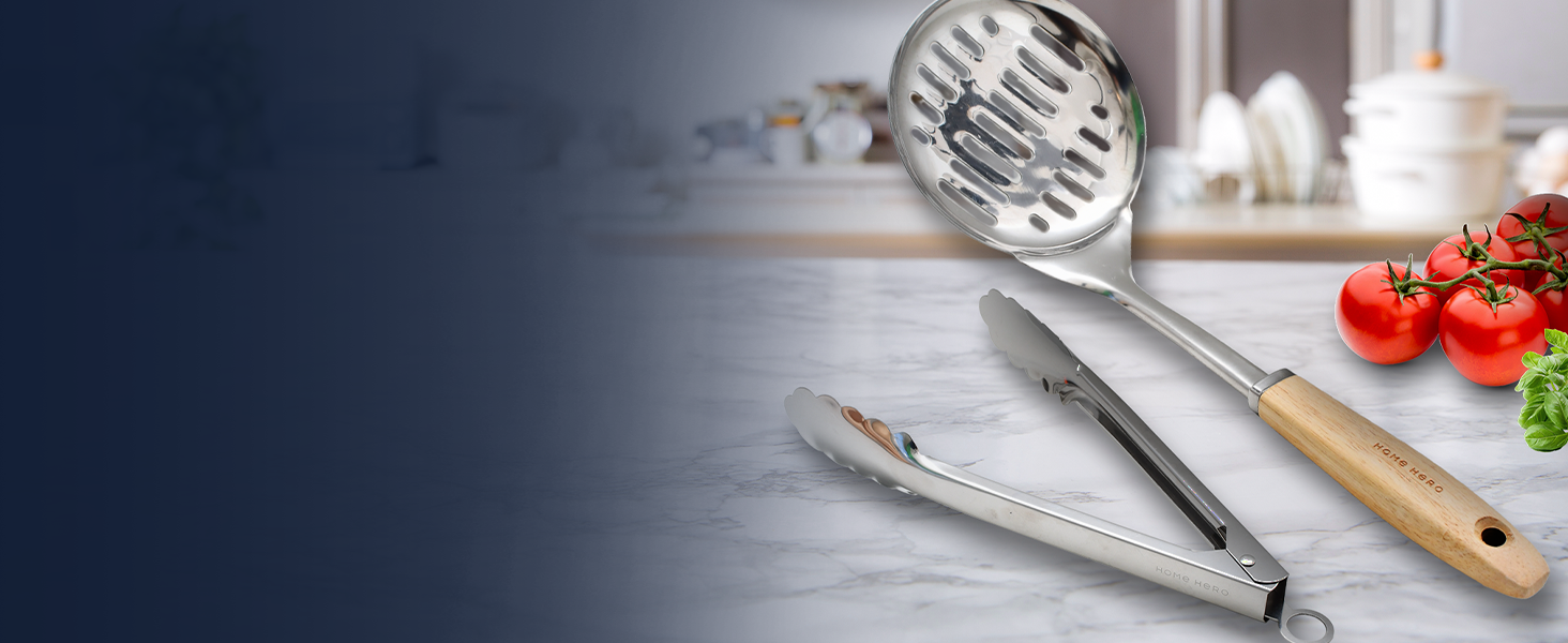 Home Hero Stainless Steel Kitchen Utensils Set - Wood Handle Nonstick Stainless Steel Cooking Utensils Set - Heat Resistant Kitchen Essentials & Metal Kitchen Gadgets (Silver & Wood)