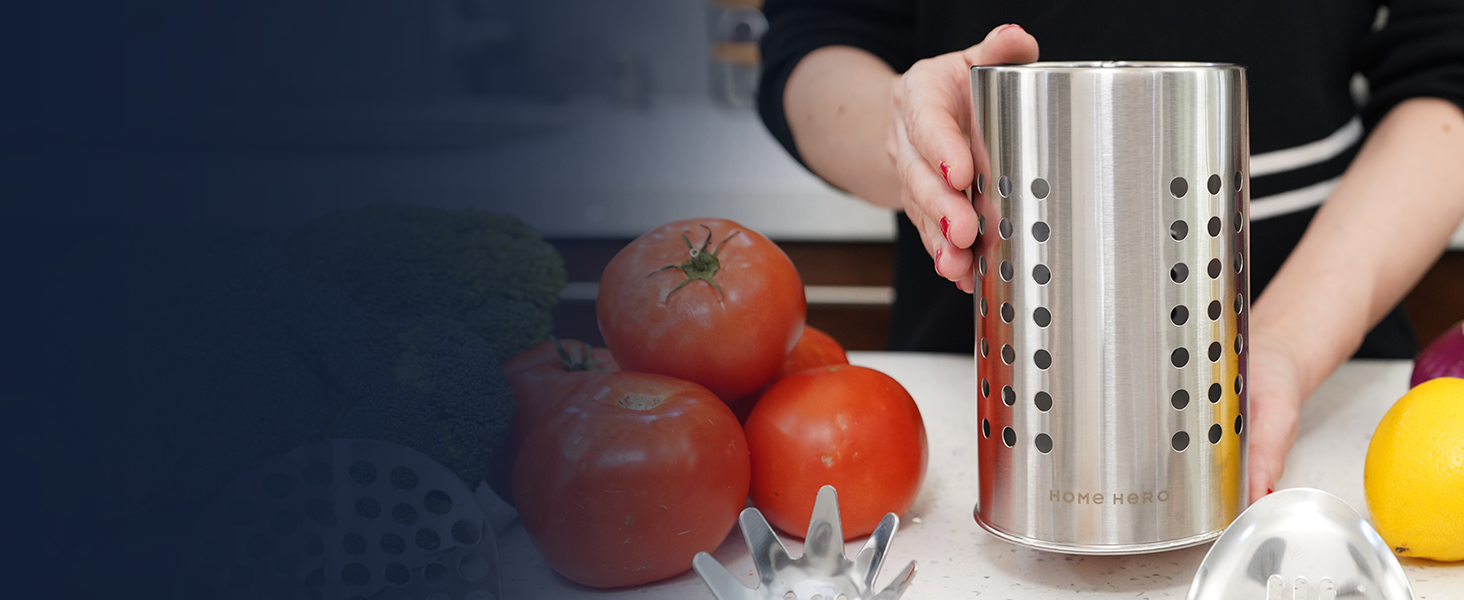 Home Hero Stainless Steel Kitchen Utensils Set - Wood Handle Nonstick Stainless Steel Cooking Utensils Set - Heat Resistant Kitchen Essentials & Metal Kitchen Gadgets (Silver & Wood)