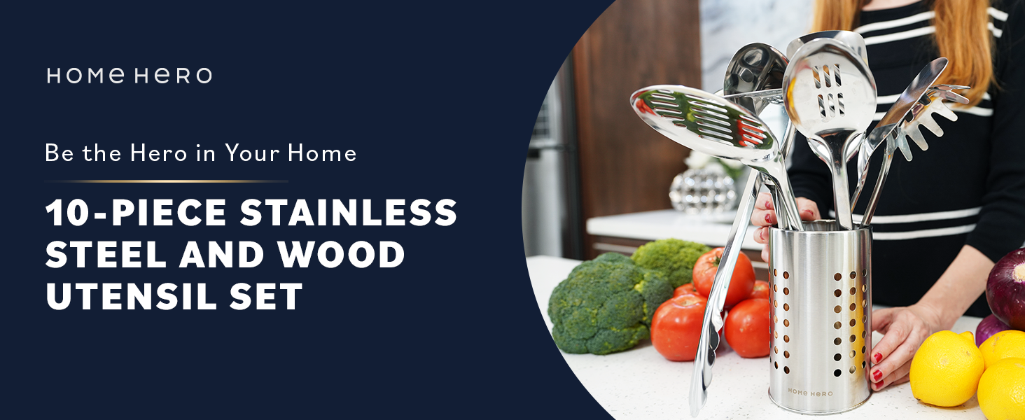 Home Hero Stainless Steel Kitchen Utensils Set - Wood Handle Nonstick Stainless Steel Cooking Utensils Set - Heat Resistant Kitchen Essentials & Metal Kitchen Gadgets (Silver & Wood)