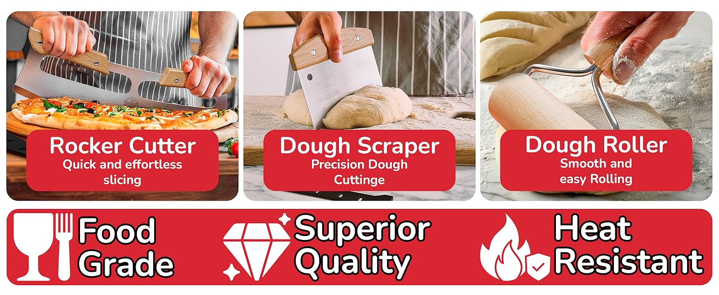 Premium Pizza Oven Accessories Kit - 6-Piece Set for Home Pizza Making: Includes Pizza Peel, Oven Brush, Bubble Popper Turner, Rocker Cutter, Dough Roller & Scraper