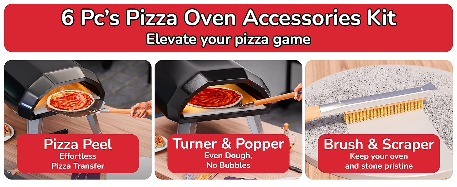 Premium Pizza Oven Accessories Kit - 6-Piece Set for Home Pizza Making: Includes Pizza Peel, Oven Brush, Bubble Popper Turner, Rocker Cutter, Dough Roller & Scraper