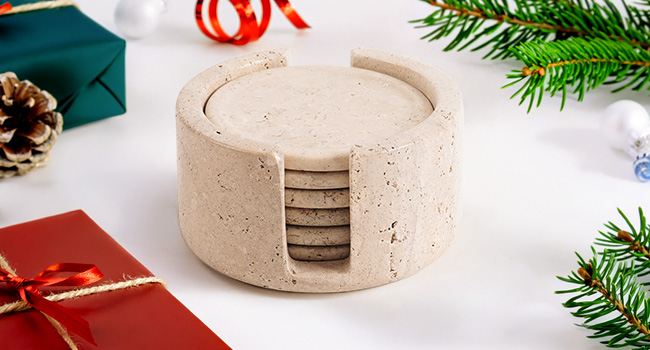 Marble Coasters Set of 6 Round 3.5 Inch Travertine Coaster for Drinks with Holder - Ideal Stone Drink Coasters for Coffee Bar Accessories, Gifts, Dining Table & Home Décor