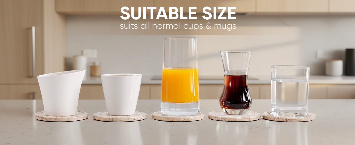 Marble Coasters Set of 6 Round 3.5 Inch Travertine Coaster for Drinks with Holder - Ideal Stone Drink Coasters for Coffee Bar Accessories, Gifts, Dining Table & Home Décor