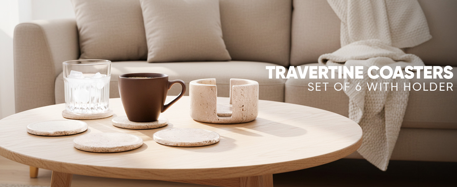 Marble Coasters Set of 6 Round 3.5 Inch Travertine Coaster for Drinks with Holder - Ideal Stone Drink Coasters for Coffee Bar Accessories, Gifts, Dining Table & Home Décor