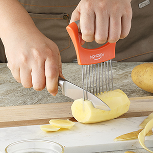 Onion Slicer Holder, MONGSEW Stainless Steel Onion Cutter for Slicing and Storage of Onions, Avocados, Eggs, Dishwasher Safe, Protective Cover Included (Stylish Orange)