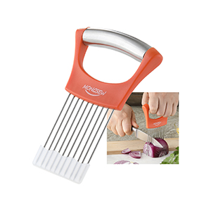Onion Slicer Holder, MONGSEW Stainless Steel Onion Cutter for Slicing and Storage of Onions, Avocados, Eggs, Dishwasher Safe, Protective Cover Included (Stylish Orange)