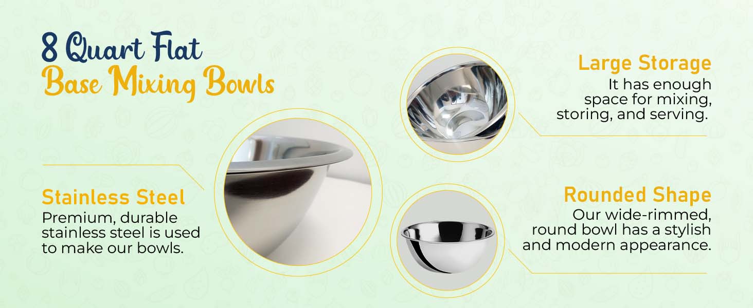 OCS Parts 8 Quart Mixing Bowls | Set of 2 | 13.25-Inch Stainless Steel Professional Grade Flat Base Mixing Bowls for Home and Commercial Kitchens