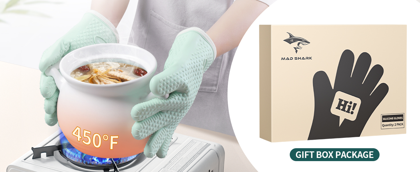 MAD SHARK Silicone Oven Mitts Heat Resistant 450 Degrees,Waterproof & Non-Slip Oven Gloves with Fingers,Cotton Lined Silicone Oven Gloves Kitchen Mitts for Baking Cooking Barbecue,Women,Oven(Black)