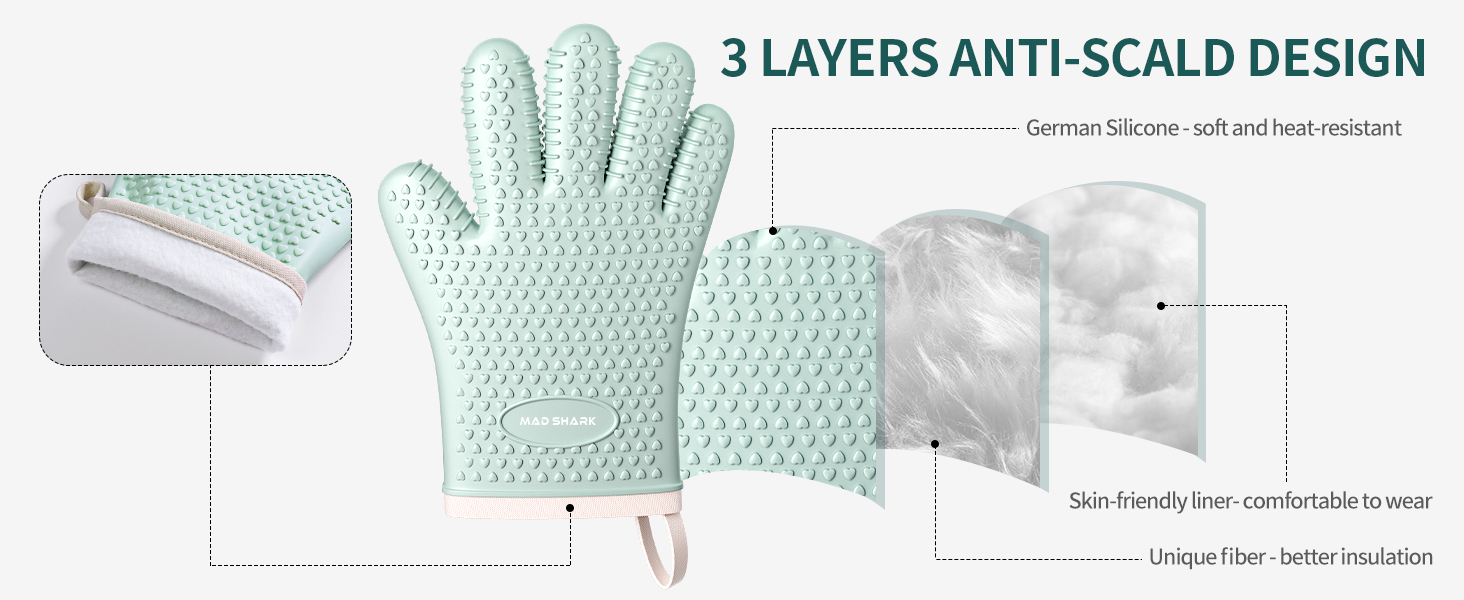 MAD SHARK Silicone Oven Mitts Heat Resistant 450 Degrees,Waterproof & Non-Slip Oven Gloves with Fingers,Cotton Lined Silicone Oven Gloves Kitchen Mitts for Baking Cooking Barbecue,Women,Oven(Black)