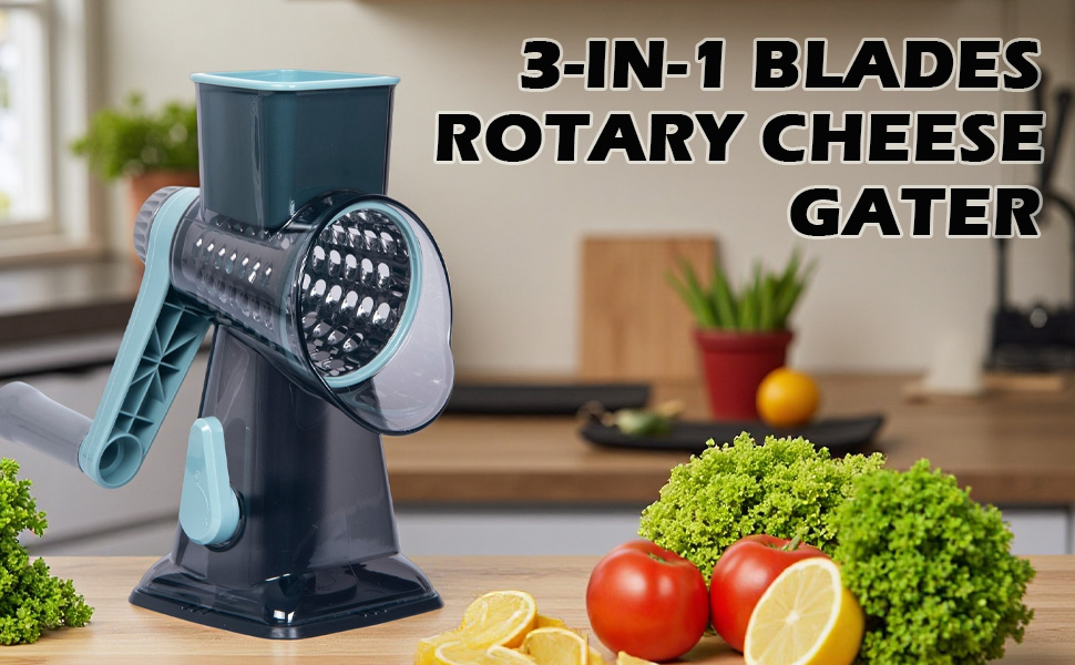 Rotary Cheese Grater Cheese Shredder, Cheese Grater Handheld with Strong Suction Base,Kitchen Vegetable Slicer 3 Replaceable Stainless Drum Blades for Fruit, Food, Nuts,Easy to Use Clean (Blue)