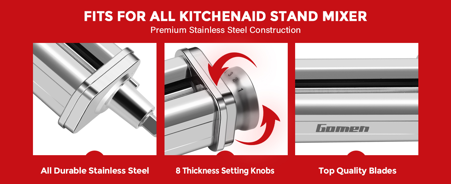 Pasta Roller for Kitchenaid Stand Mixer, Pasta Maker for Kitchenaid Mixer Attachments, Stainless Steel Pasta Attachment for Kitchenaid Stand Mixer, 8 Gears Adjustable by Gomen