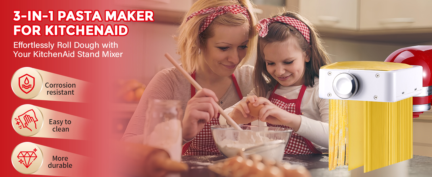 3-in-1 Pasta Attachment for KitchenAid Stand Mixer, Pasta Roller & Cutter Set with Spaghetti & Fettuccine Cutters, Quick Install Pasta Maker Accessories for Home Chefs & Foodie Gifts